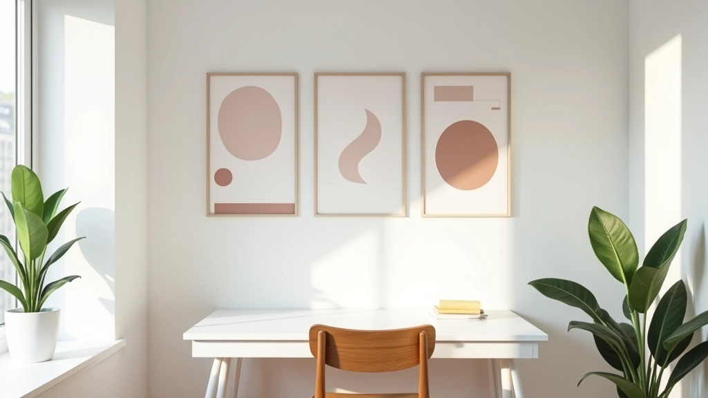 Home office corner with gallery wall of framed prints
