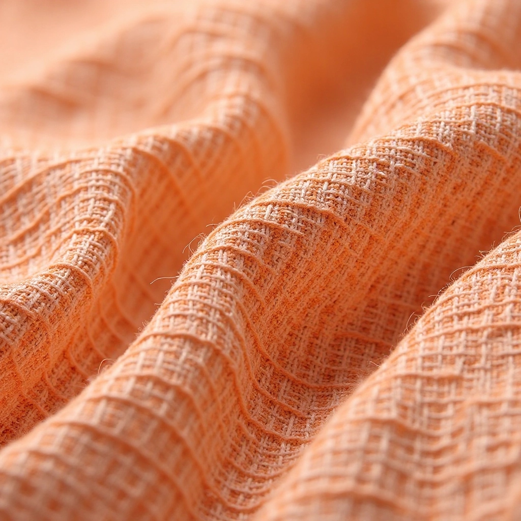 Close-up detail of linen fabric showing subtle woven grid texture pattern in terracotta color