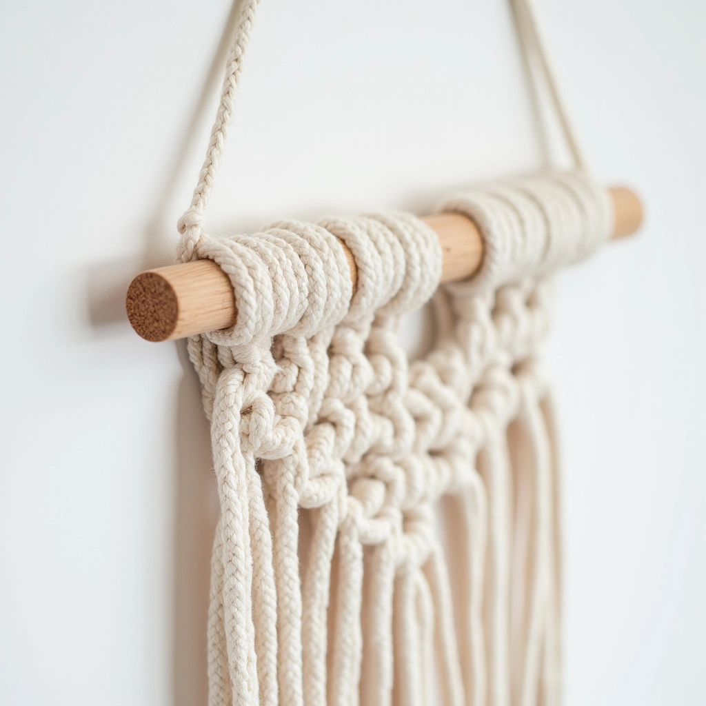 Close-up detail of wooden dowel and macramé knot work showing natural cotton texture and quality craftsmanship