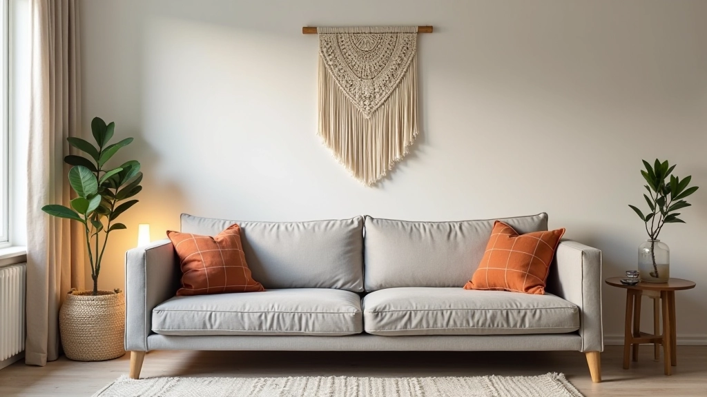 Rental living room with terracotta linen pillows on grey sofa