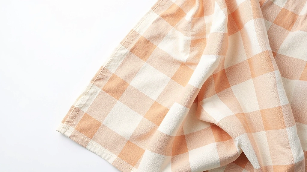 Close-up of linen textile with subtle grid pattern in warm terracotta tones on white background