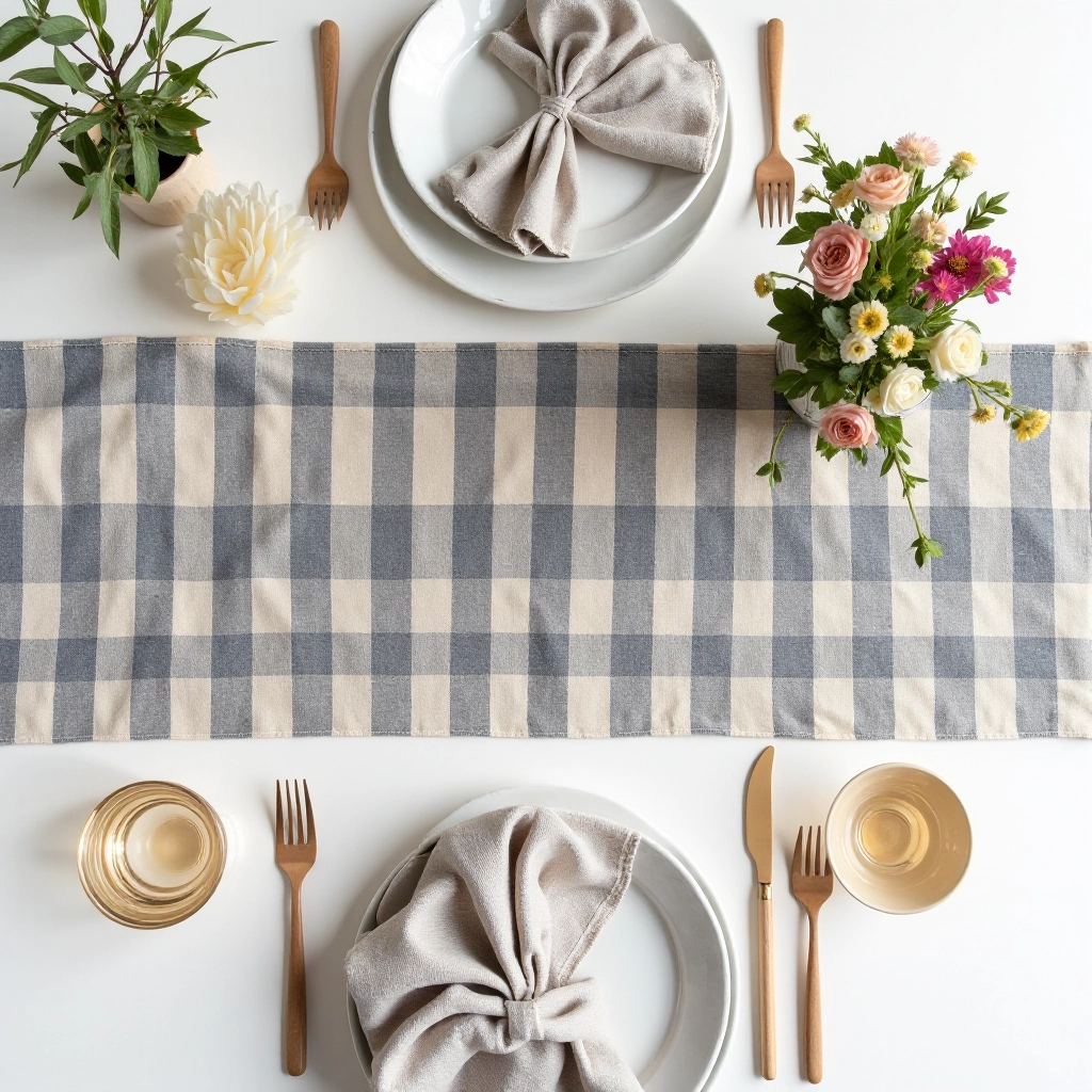 Styled flat lay of charcoal stripe linen runner arranged with linen napkins, wooden cutlery, and ceramic plates on neutral background, overhead view showing texture