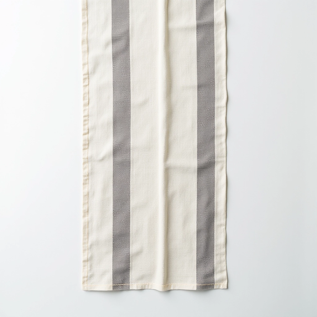 Linen table runner with charcoal and cream stripe pattern laid flat on neutral white background