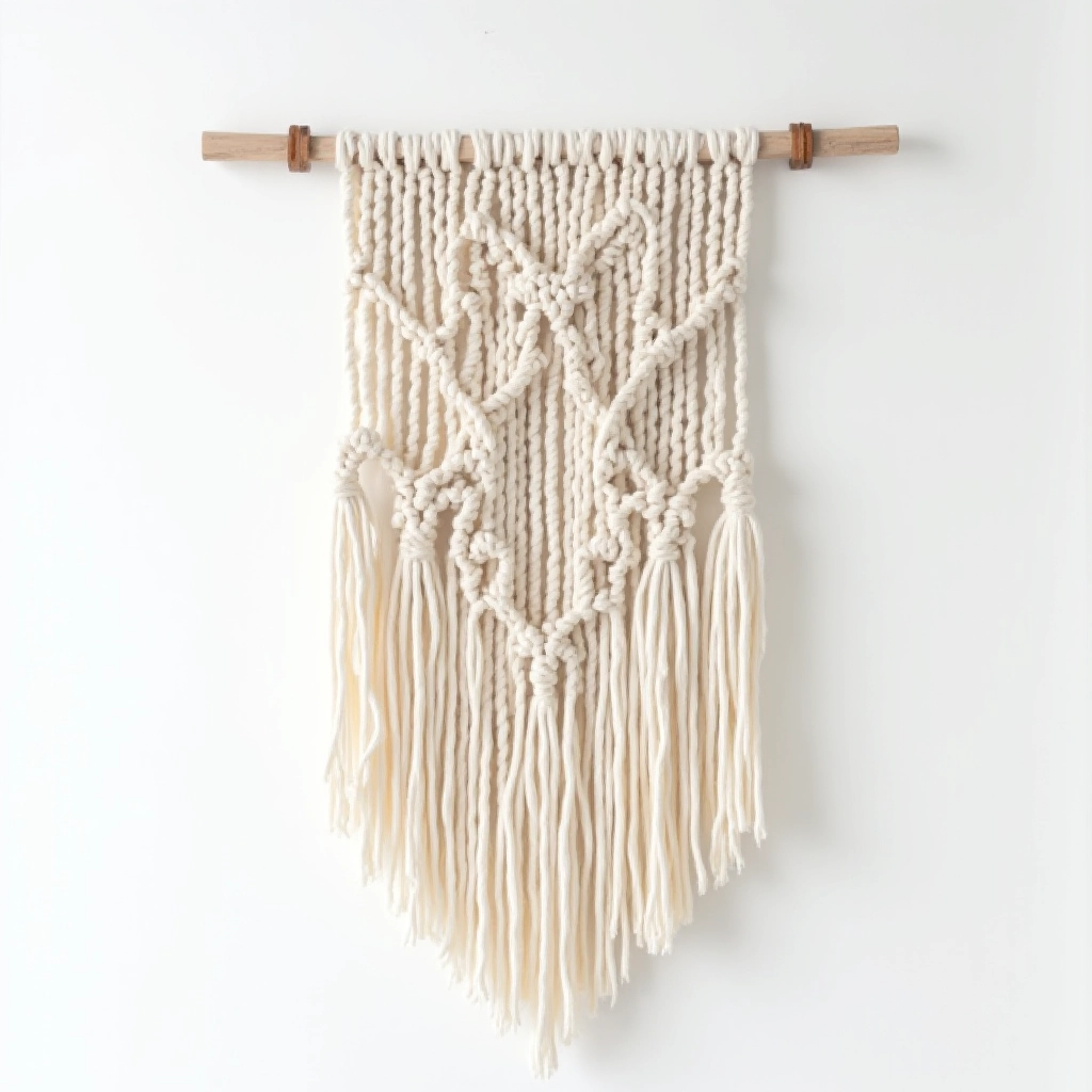 Hand-knotted macramé wall hanging in natural cream cotton with visible knot details and texture
