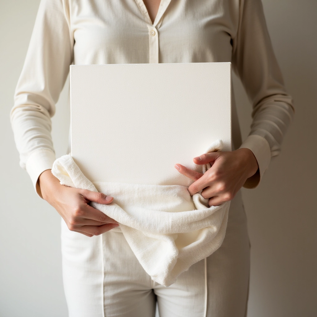 Person gently dusting geometric canvas art with soft cloth, demonstrating proper care and maintenance for preserving artwork quality